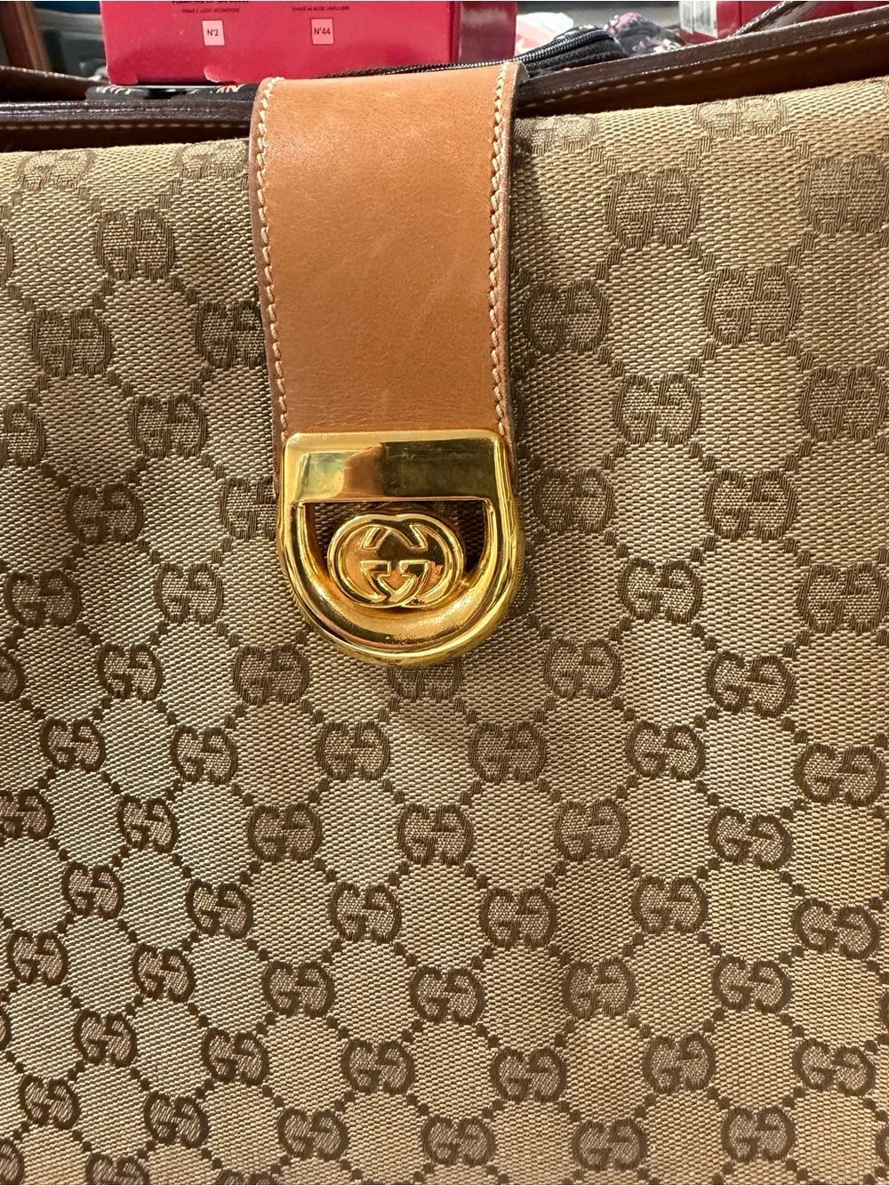 Gucci Brown GG Canvas Messenger Bag with Tan Leather and Gold pics for details